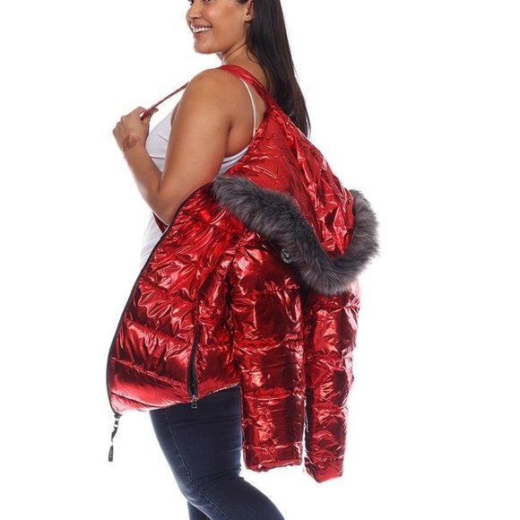 Plus Size Fall Winter RED Metallic Puffer Coat Zippered BLACK with Hoodie 927 - Picture 3 of 4